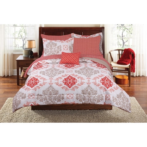 Comforter Set Queen Size Coral Colored 8Piece Damask Bed in a Bag