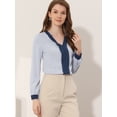 thumbnail image 2 of Blusa Allegra K de Color de Contraste frontal plisado con Cuello Dividido para Mujer Azul M, 2 of 5