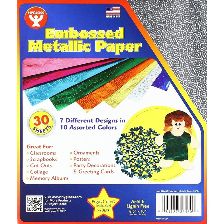 Hygloss Products Embossed Metallic Foil Paper for Arts & Crafts,  Scrapbooking, Card Making, Assorted Colors & Designs, 8.5x10-Inch, 30Pack