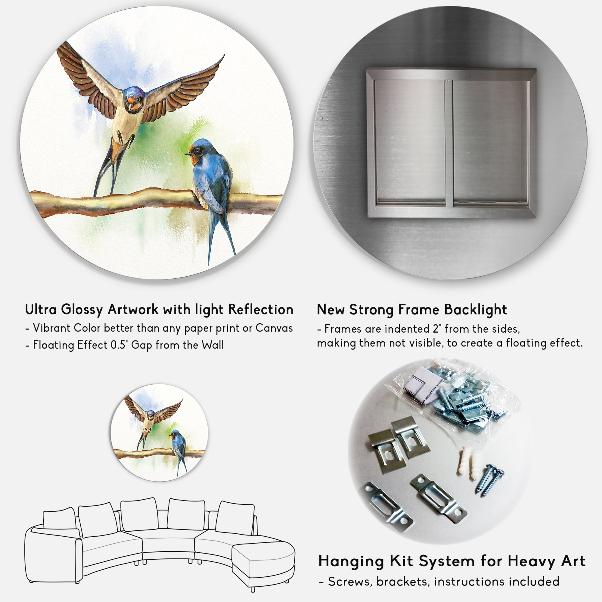 Designart 'Two Barn Swallows Birds On Branch' Farmhouse Circle Metal Wall Art 11x11 - Disc of 11
