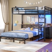 Twin Over Full Bunk Bed with Led Lights and 4 Drawers,L-shaped Bunk Bed with Desk,Metal Bunk Beds with Storage Headboard and Charging Station,Loft Bed with Safety Guardrail and Ladder,Black