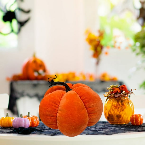 Adorno de peluche de calabaza de Halloween | Tela de poliéster suave | Naranja | 18x18x19cm, 16x16x17cm | Cojín decorativo, cojín | Decoración del hogar duradera, fácil de cuidar y festiva