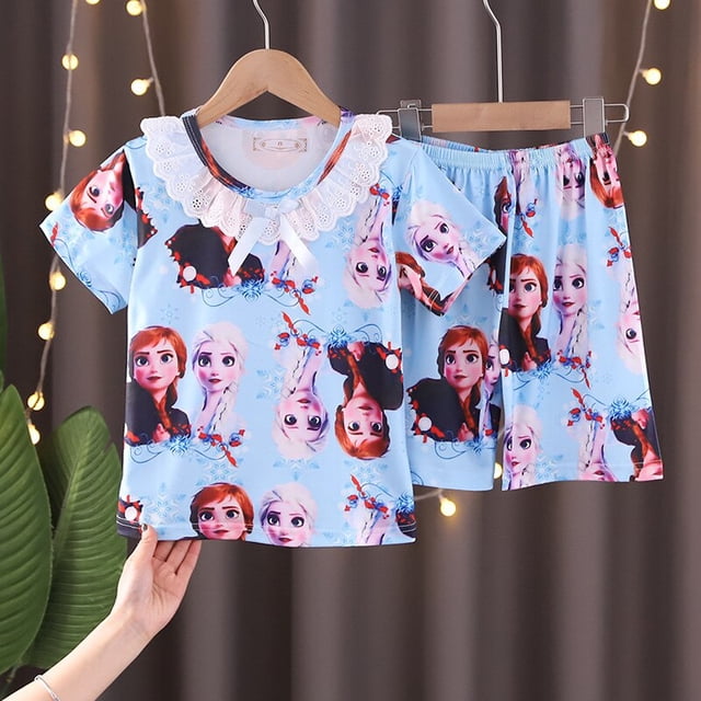 Frozen Elsa Summer Girls Pijamas Ropa de manga corta para niños Fragancia pequeña Small Middle Big Children Baby Homewear Set14 125-135CM Gao Jinjia LED