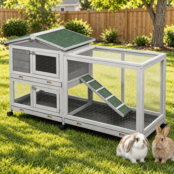 YODOLLA 61.5" Two-Story Outdoor Wooden Rabbit Hutch with No-Leak Trays & 360° Wheels, for Rabbits & Small Animals