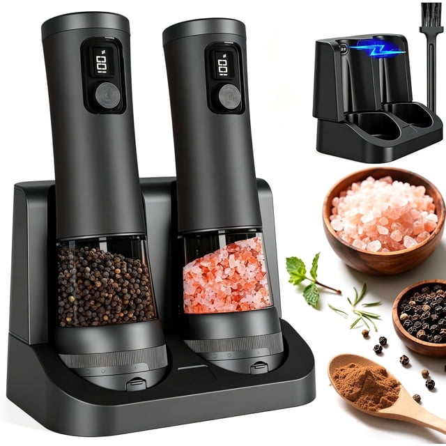 Electric Salt and Pepper Grinder Set with Battery Display Rechargeable Base, External Adjustable Coarseness, Automatic Ceramic Salt & Pepper Shakers Mills(Black Pro)
