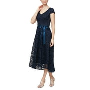 Alex Evenings V-Neck Cap Sleeve Tie Waist A-Line Lace Dress