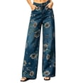thumbnail image 3 of CALAFEBILA Womens Jeans Straight Leg Fashion Full-Length High Waist Jeans for Women Floral Printed Elastic Denim Pants Versatile Rhinestone Jeans 2025, 3 of 7