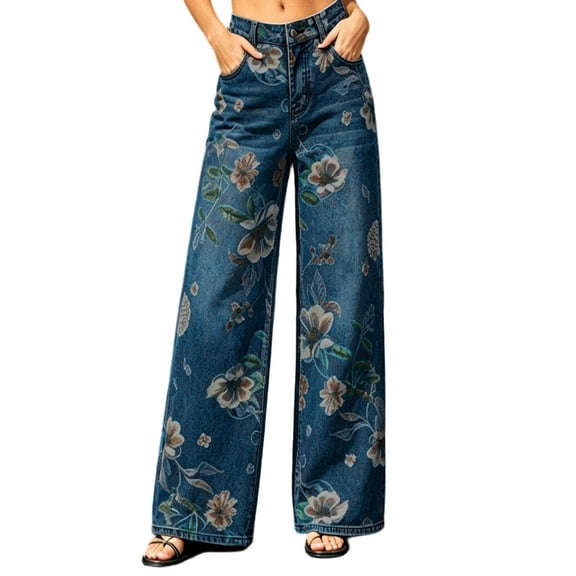 TEAJOPSUU Women's Vintage Floral Jeans High Rise Wide Leg Casual Stretchy Denim Pants Baggy Boho Denim Palazzo Pants with Pockets Dark Blue
