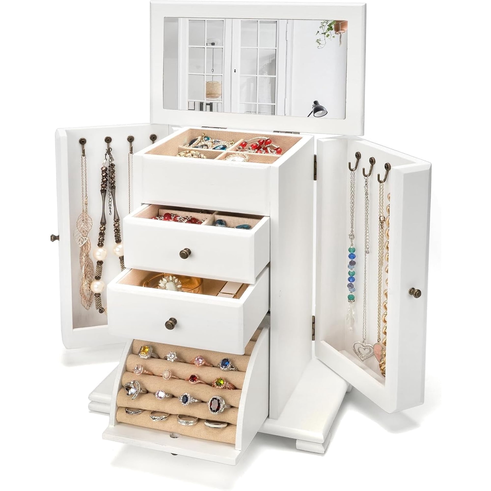 Sfugno Jewelry Box, 4 Layer Wooden Jewelry Boxes for Women, Jewelry Organizer Box Display for Rings Earrings Necklaces Bracelets,Weathered White