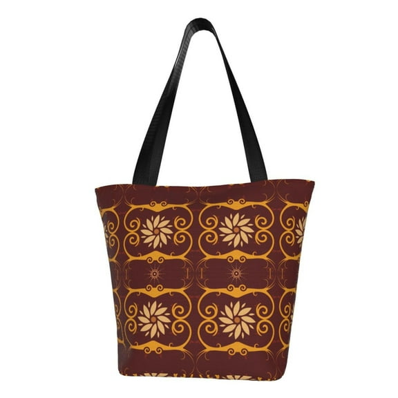 TEQUAN Reusable Shoulder Tote Bags, Gold Floral Leaves Decor Prints Polyester Casual Shopping Grocery Bag for Women