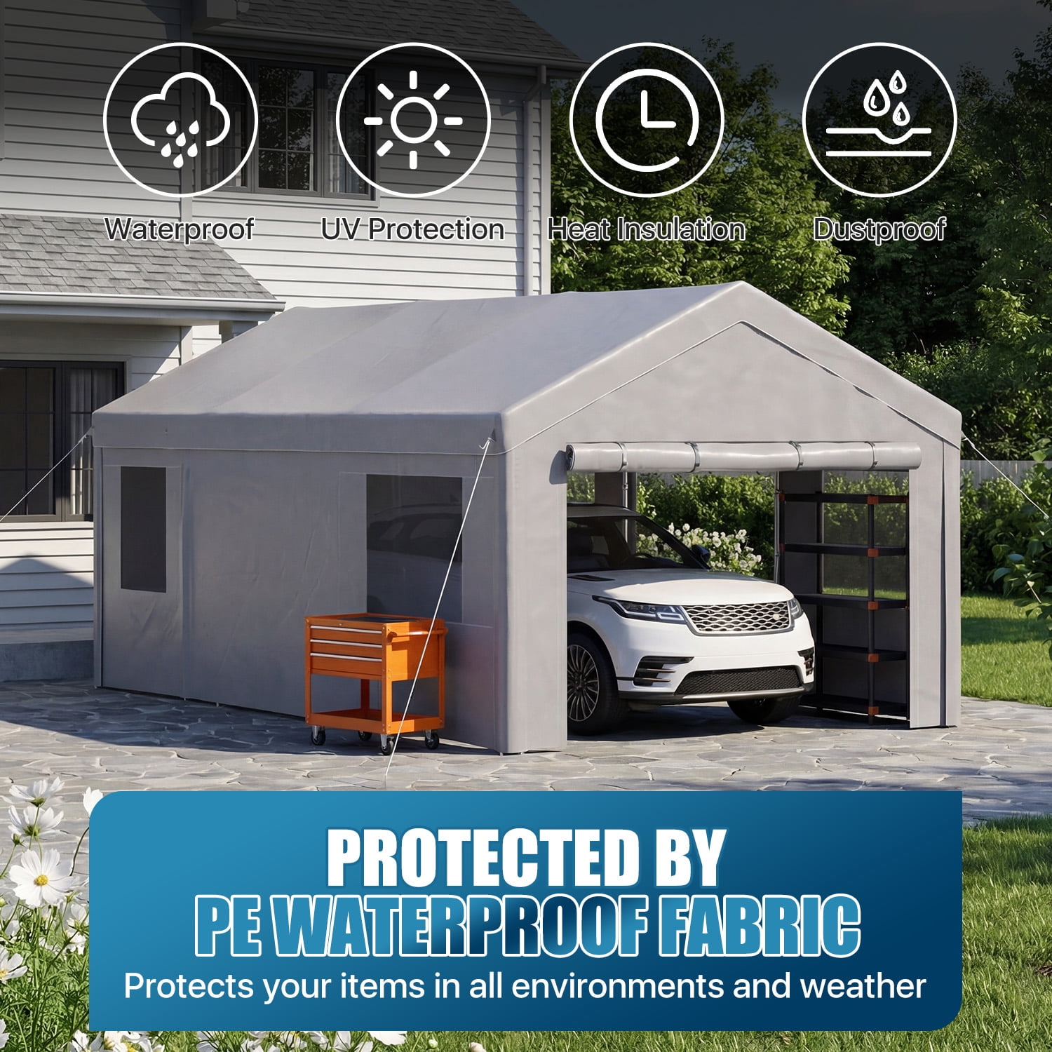 Dateyes  12x20ft Heavy Duty Carport Canopy, Portable Garage Car Canopy with Removable Sidewalls, Car Shelter for Cars, Boats, and Tools Storage, Gray