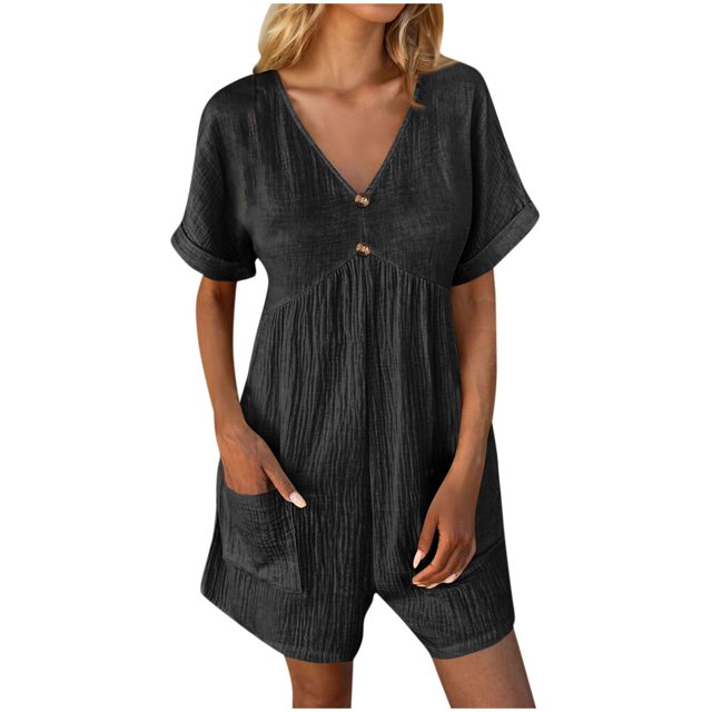 Yuyuzo Womens Jumpsuits Short Sleeve V Neck Wide Leg Shorts 1 Piece Lightweight Solid Color Rompers