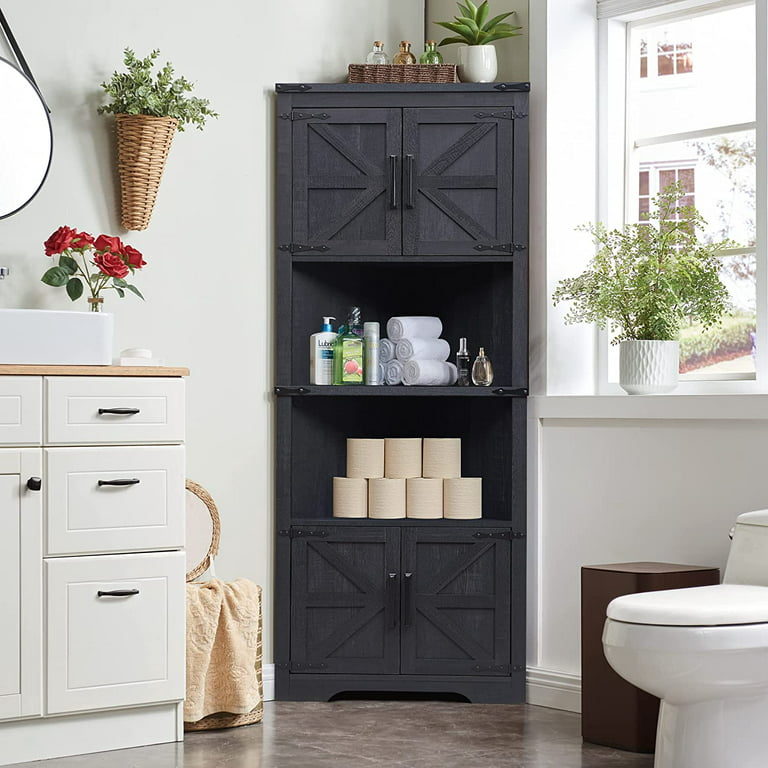 T4TREAM Farmhouse Tall Corner Storage Cabinet with Barn Door & Adjustable  Shelves for Bathroom Living Room, Black 