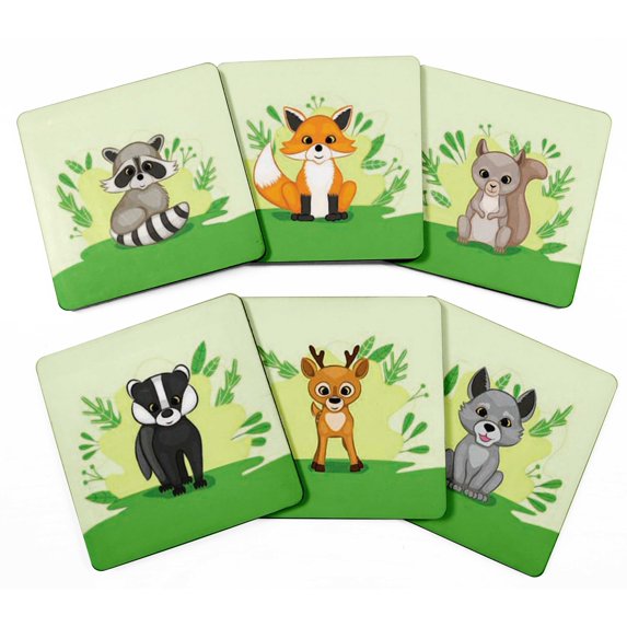 Inkdotpot Set of 6 Drink Coasters Easy Clean 4-inch SquareCoastersCork Base-Reusable- Watercolor Animals