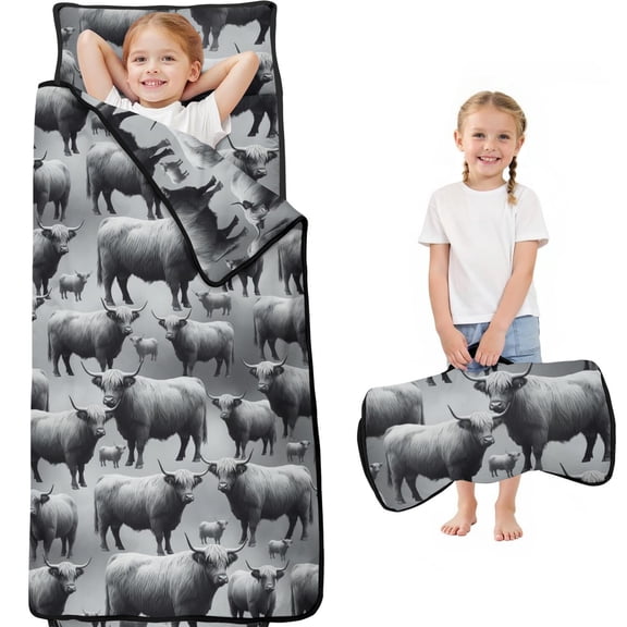 Highland Cow and Calf Print Teens Toddler Nap Mat with Pillow, Sleeping Mat Bag for Preschool Daycare 59"x22"