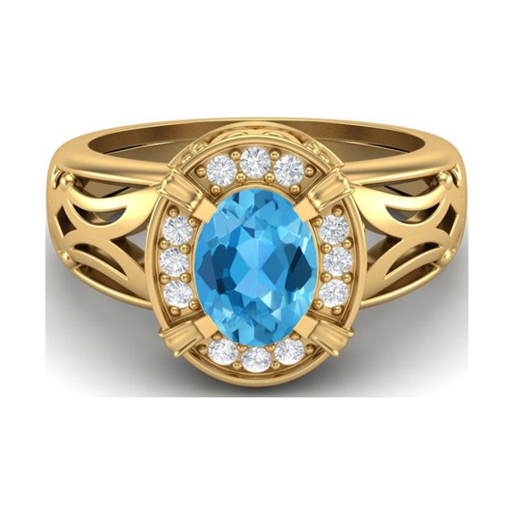 8x6mm Oval Swiss Blue Topaz 925 Sterling Silver Gold Vermeil Filigree Celtic Women Valentines Day Gifts Ring