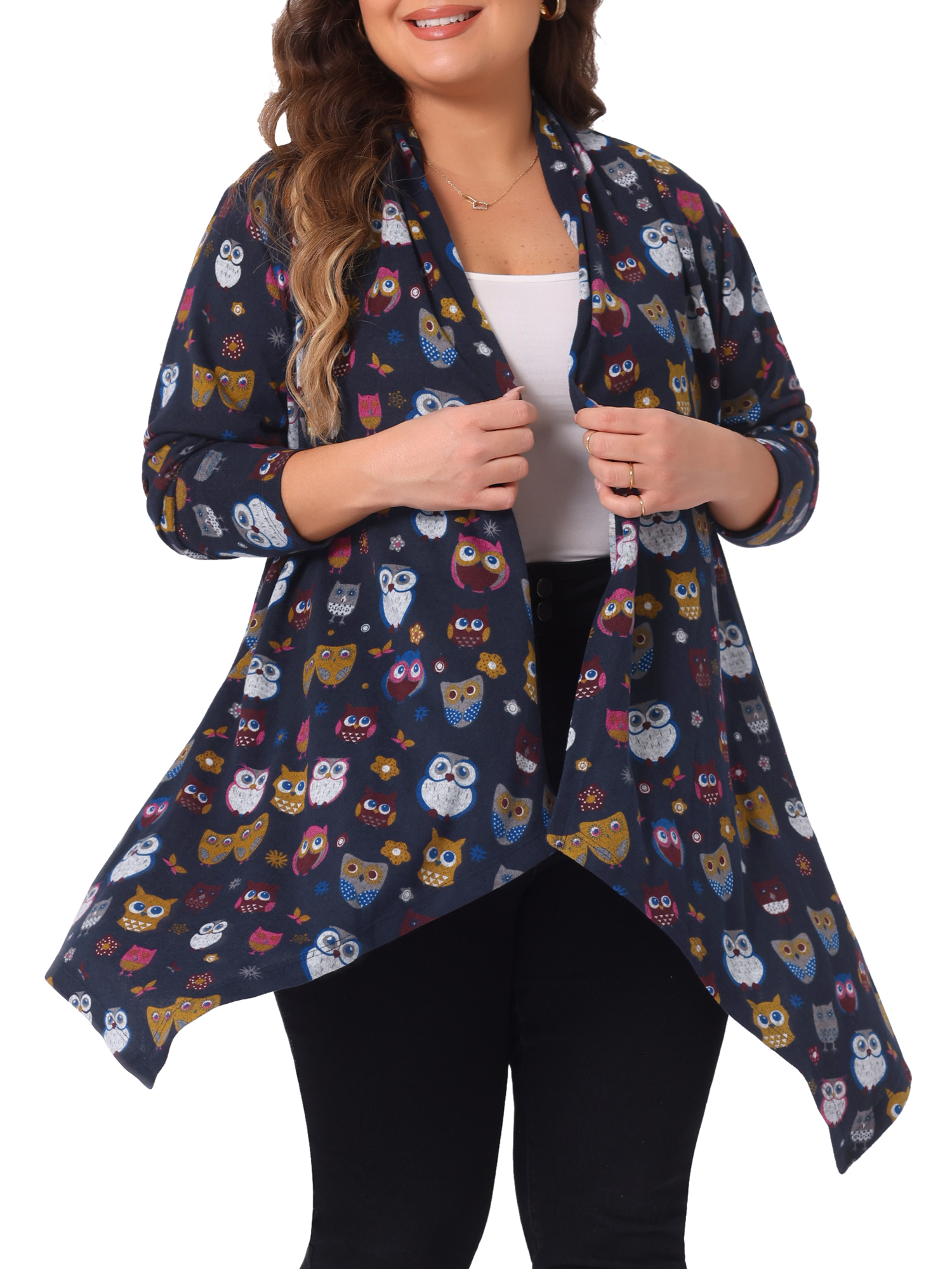 DARING DIVA Plus Size Owl Flowy Print Loose Open Front Sweater 4X Navy Blue