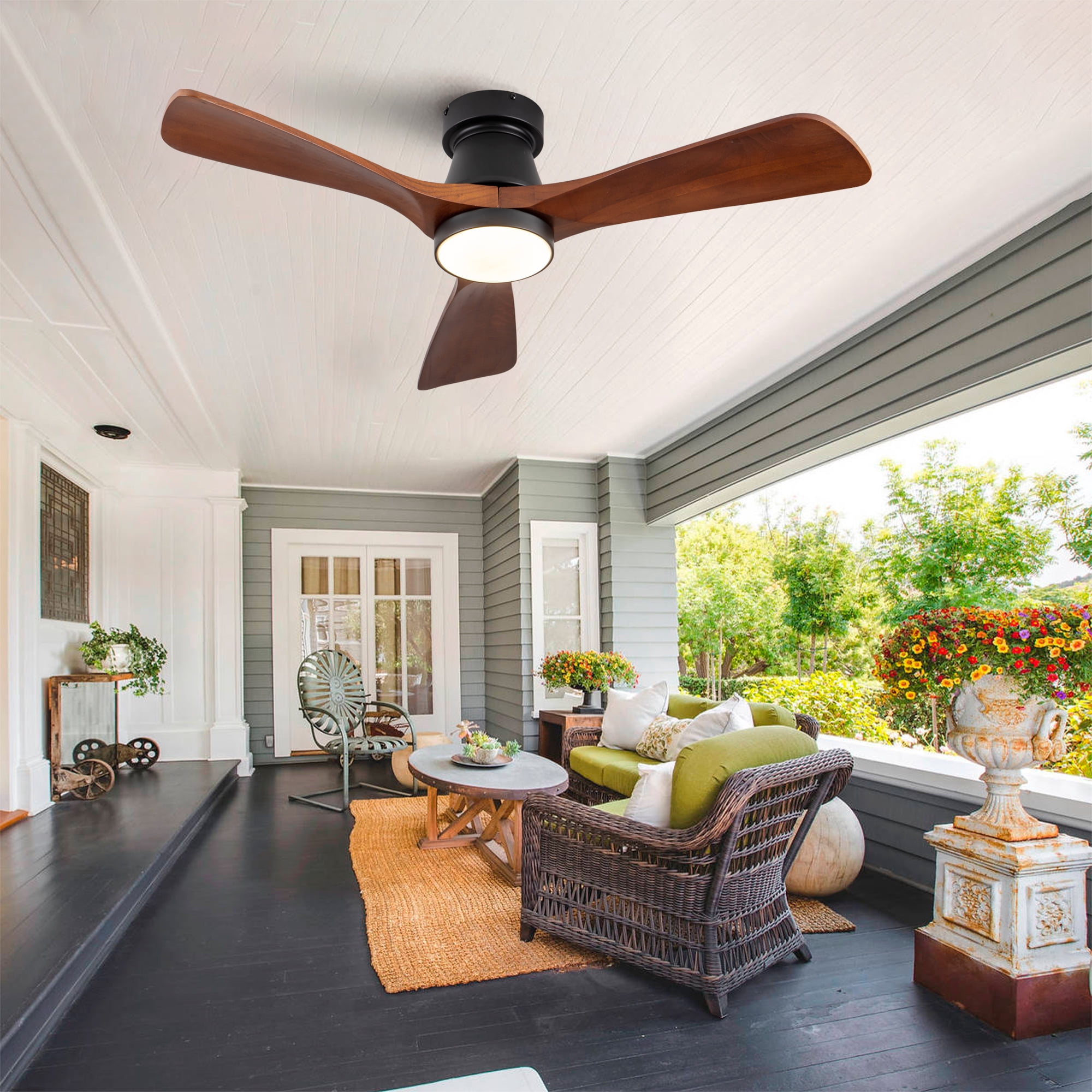 Ceiling Fan with Lights, 42 Inch Dimmable LED Reversible DC Motor Flush Mount Fan for Indoor Outdoor Bedroom, Black Dark Walnut