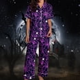thumbnail image 2 of Halloween Pajamas Women Full Theme Printed Silk Satin 2 Pc Short Sleeve Button Down Lapel Pocket Shirts Loose Straight Casual Pants Comfy Nightwear Fall Winter Loungewear Sets Woman Purple M, 2 of 7