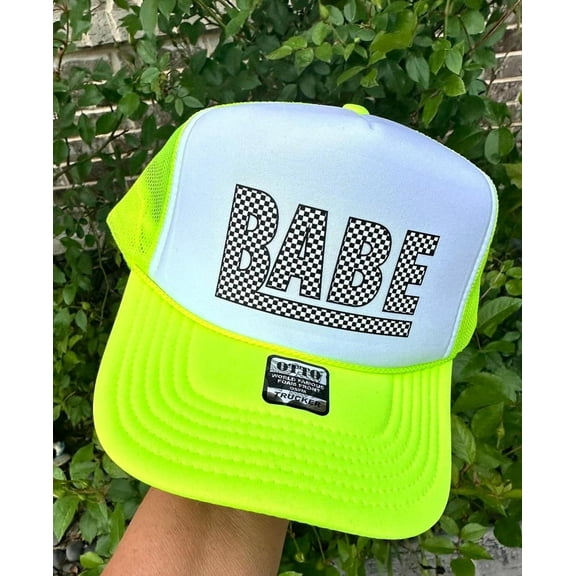 Babe Checkered Neon Green & White Trucker Hat