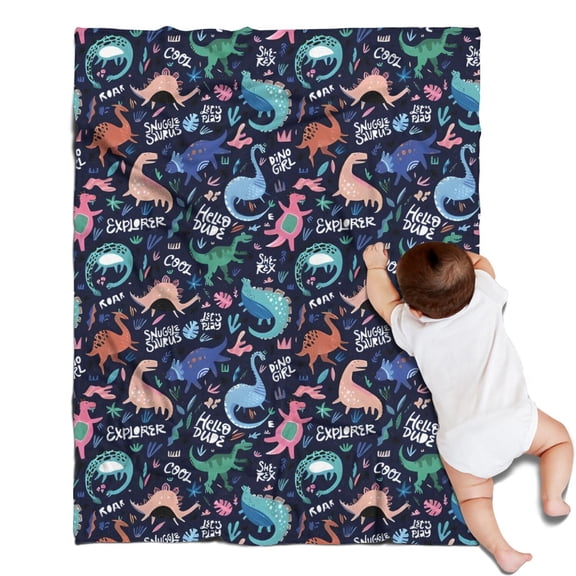DarkBlue Cartoon Dinosaurs Text Pattern Blanket,Comfortable Soft Flannel Throw Blanket,All Season,Warm Lightweight Blankets for Sofa Bed Couch Living Room Chair,30"x40"