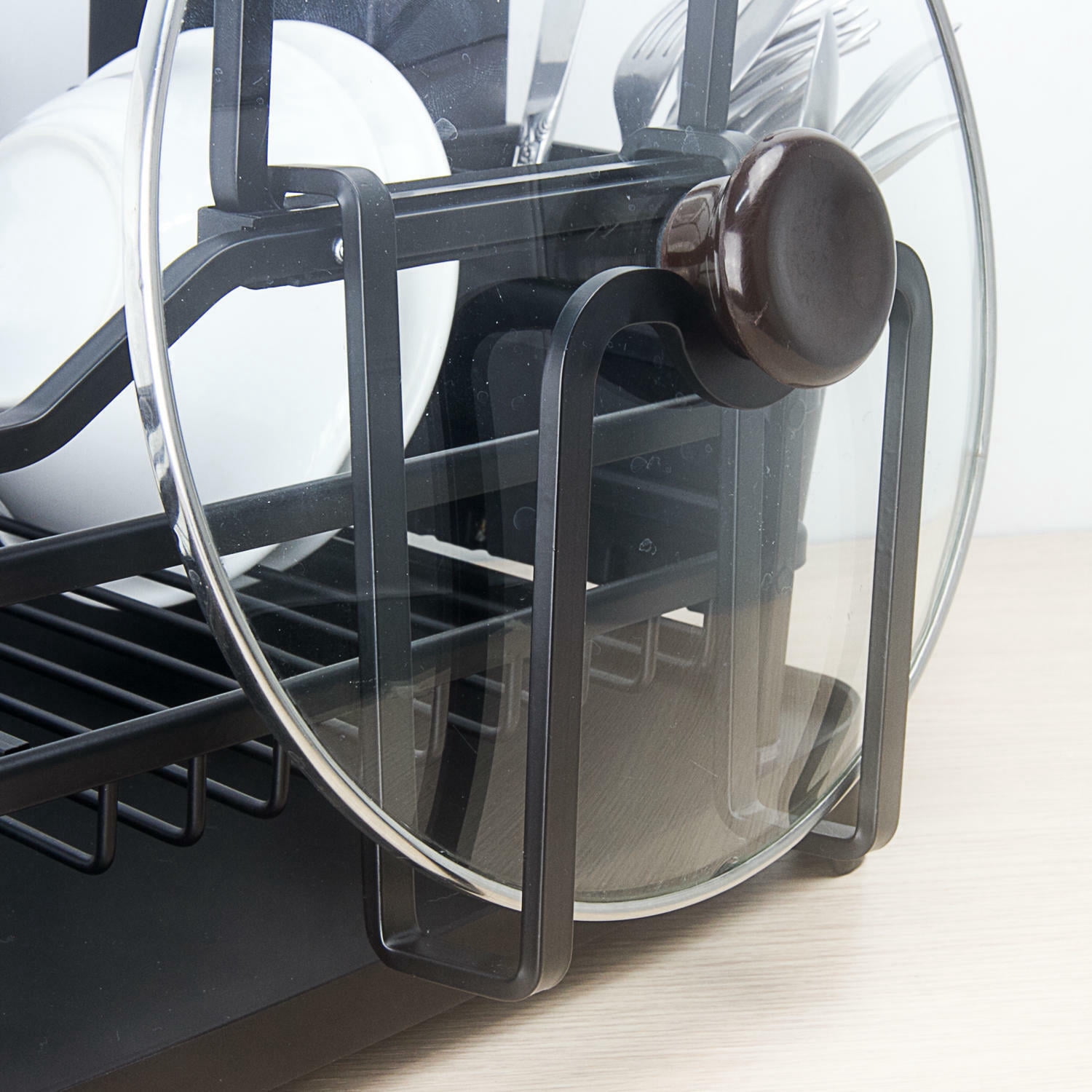 Evelyne GMT-10353-A Black Aluminum Dish Drying Rack with Utensil Holder - 2 Tier Kitchen Countertop Rust Proof Dish Rack and Drainboard Set - Large Dish Organizer Rack