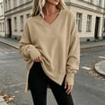 thumbnail image 4 of aohooy Womens Oversized Split Seam Sweatshirt Fall Loose Pullover V Neck Long Sleeve Top for Travel School Going Out Daily Wear Khaki,XL, 4 of 8