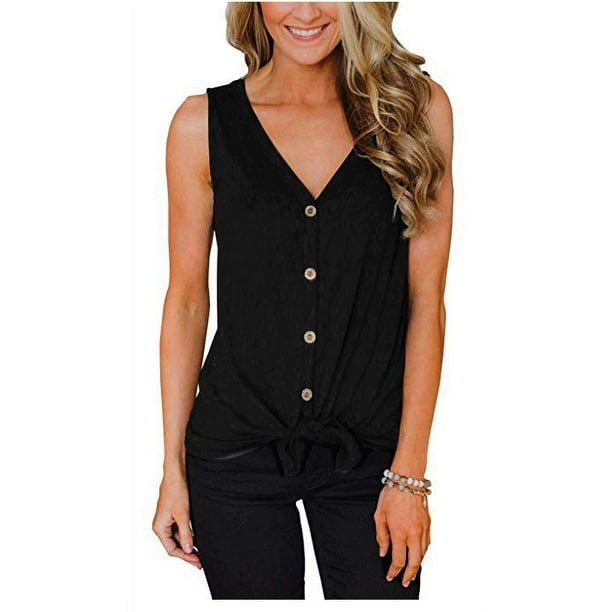 Button Down V Neck Tank Tops for Women Casual Summer Sleeveless Basic  Shirts Tie Front Strappy Camisole 