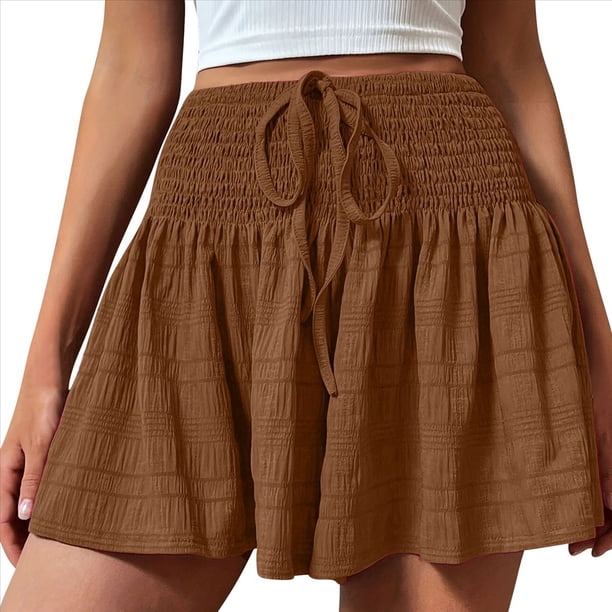 Pantalones Cortos de para Mujer, de Cintura Alta, con Pierna , Cómodos y Elásticos para Playa y Verano. Color Café L