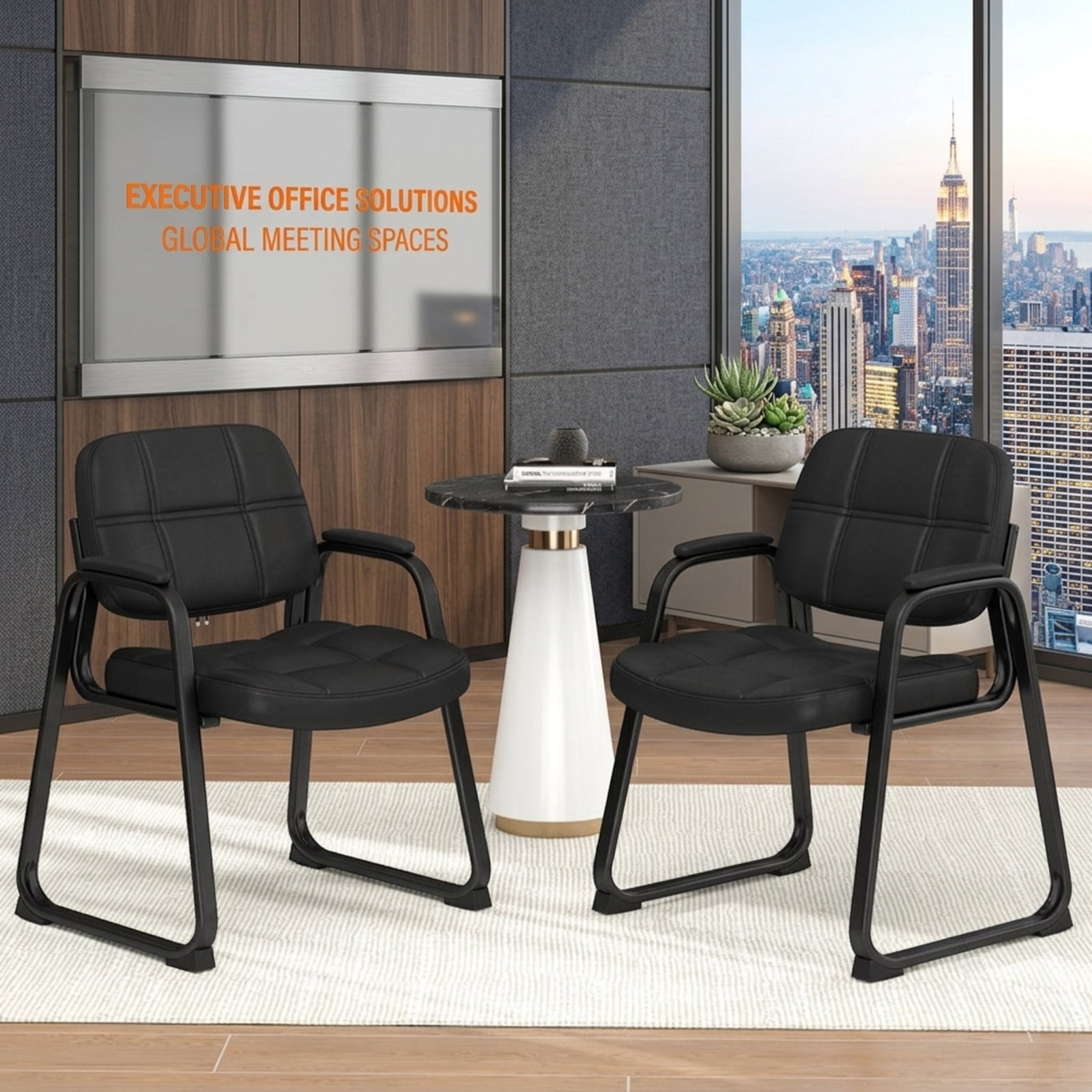 Furnibear Set of 2 Waiting Room Guest Chairs with PU Leather Upholstery and Lattice Back for Home Office and Reception, Black