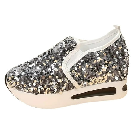 QYZEU White Platform Sneakers Womens Casual Shoes Women s Sequins Platform Sneakers Casual Low Top Slip On Wedge Sports Shoes Fashion Walking Womens Shoes Silver 37