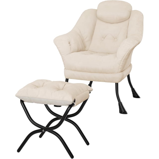 Beige lazy reading chair con ottoman, armrests y a side pocket - ideal para para small spaces
