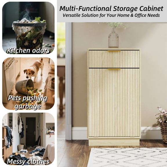 10-Gallon Woodgrain Tilt-Out Trash Can Cabinet with Wave-Textured Drawer & Pull-Out Bin - Multipurpose Kitchen/Bath Organizer Oak Finish | Christmas Gift
