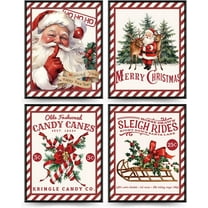 Hieng Vintage Christmas Decor, Christmas Wall Art Prints Set of 4, Retro Christmas Santa Claus Wall Art Decor for Gallery Living Room Bathroom (Unframed)