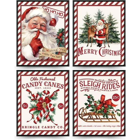 Hieng Vintage Christmas Decor, Christmas Wall Art Prints Set of 4, Retro Christmas Santa Claus Wall Art Decor for Gallery Living Room Bathroom (Unframed)