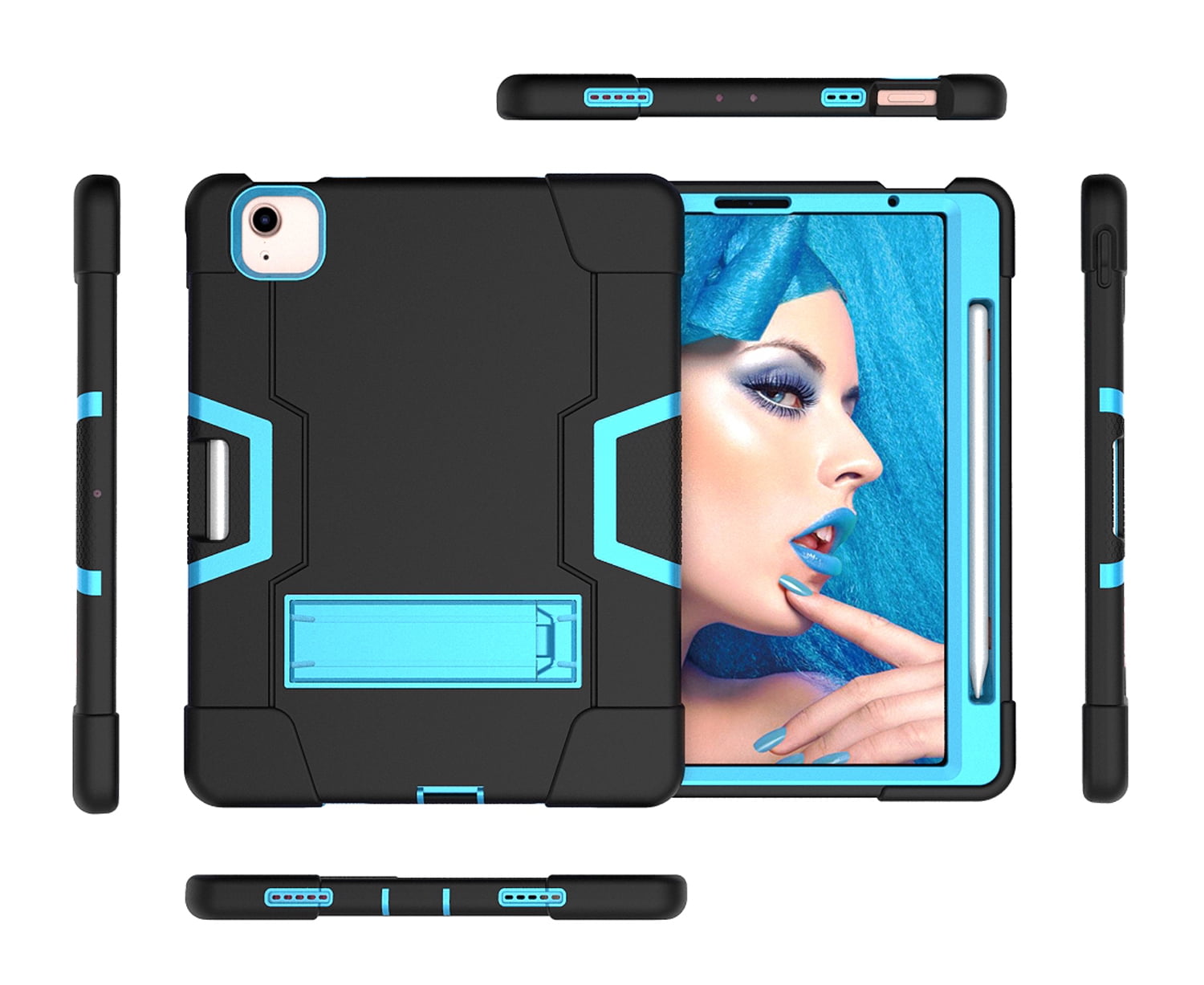 Allytech iPad Air 5 Case 2022, iPad Air 4 Case 2020, Heavy Duty Protection Shockproof Build In Kickstand Pencil Holder Kids Friendly Case for Apple iPad Air 5th 4th Generation, BlackBlack/Blue