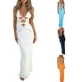 thumbnail image 2 of Michellecmm  Women's Knit Halter Long Dress Solid Color Cross Cut Outs Front Dress, 2 of 9