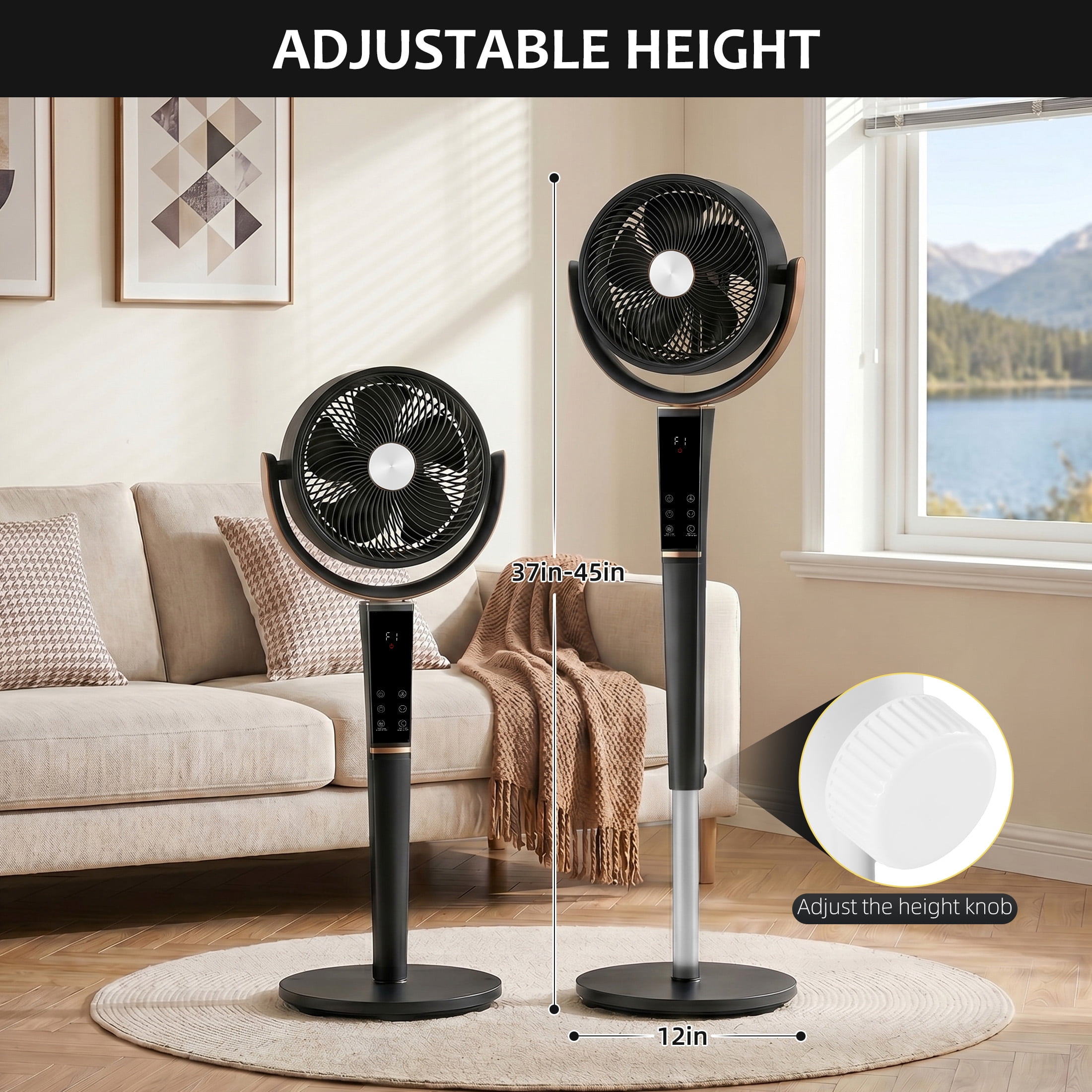 EDX Bedroom Pedestal Fan, Quiet 20dB DC Air Circulator, 15 Speeds 5 Modes, 120° Oscillation, 12H Timer, 1050CFM Airflow, 37-45" Adjustable Height, LED Light, Standing Fan with Remote, Black