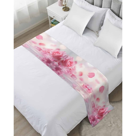 Xipuska Pink Rose Fantasy Bed Runners for Twin Size Bed, Decorative Bed Throws for Foot of Bed, Elegance Floral Romantic Reflection Bed Runner Sofa Throw Bedding Scarf Protector Slipcover for Bedroom