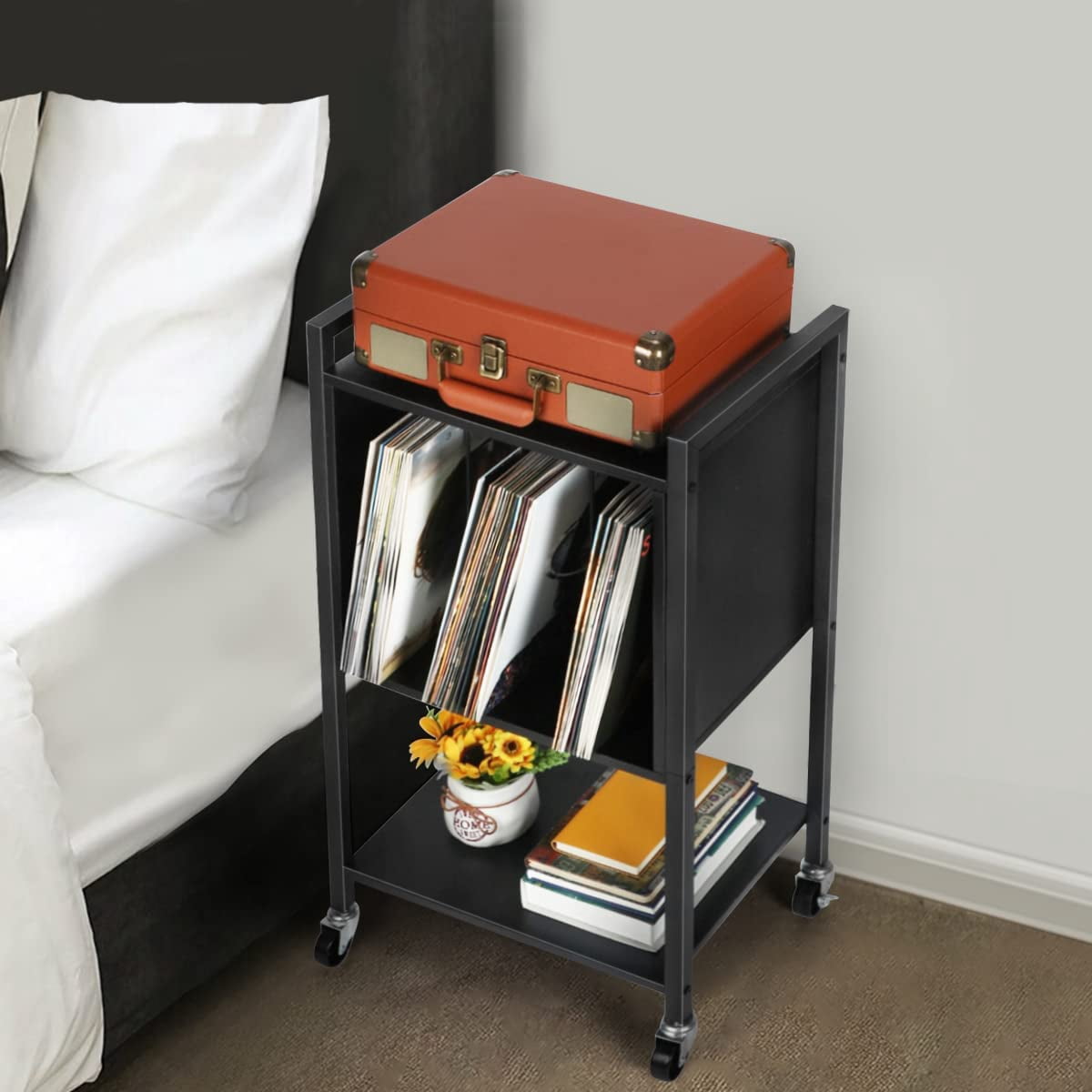 Record Player Stand End Table with Vinyl Record Storage Holder, Black