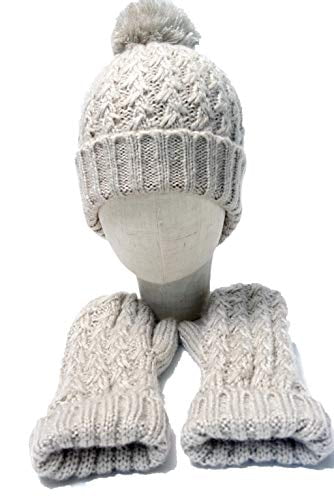 HZQS Winter Womens Girls Pom Pom Knit Beanie Hat and fleece Gloves 2P Set 