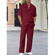 2 Piece Men's Outfits Textured Button Short Sleeve Shirt Drawstring Waist Loose Pants Set Tracksuits Vacation Outfit Black L