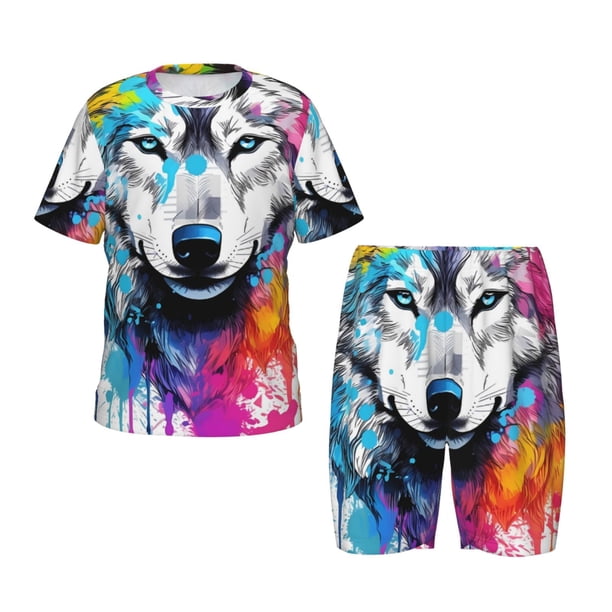 Balery Cool Colorful Wolf Conjunto de Pijama Infantil de Manga Corta con Estampado – Ropa de Dormir de Algodón Suave-4X-Large