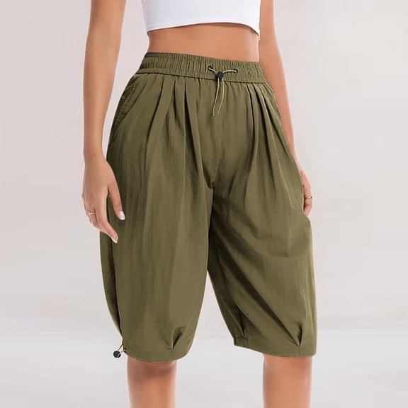 Sokhug Women's Capri Pants Elastic Waist Drawstring Summer Solid Cropped Balloon Pants with Side Pockets