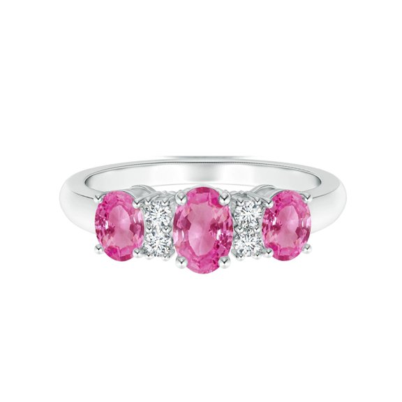 Three Stone Band Ring Oval 2 Ctw Pink Tourmaline 925 Sterling Silver Ladies Engagement Ring
