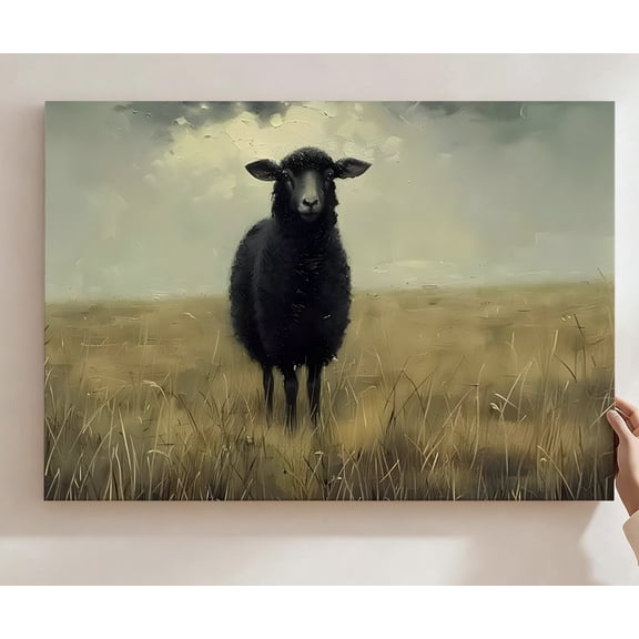 Black Sheep In Golden Meadow Canvas Wall Art, Rustic Farmhouse Animal Decor, Moody Textured Sheep Artwork For Living Room, Bedroom, Cabin, Ready To Hang 8*12inch(20*30cm)