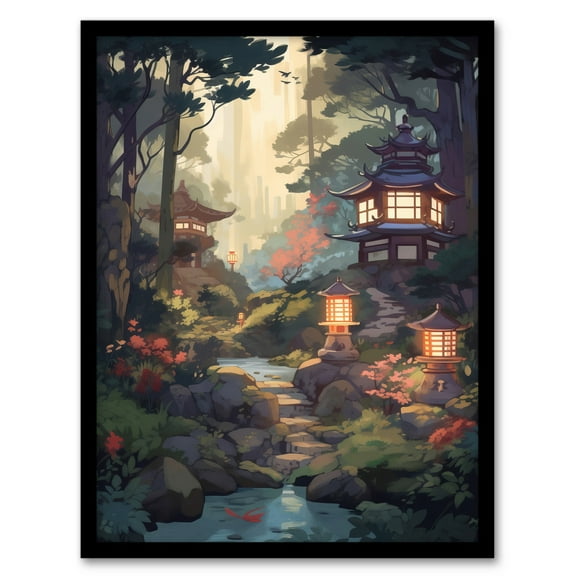Traditional Japanese Garden Painting Orange Pink Green Blue Stone Lanterns and Towers by Lake Spring Landscape Art Print Framed Poster Wall Decor 12x16 inch