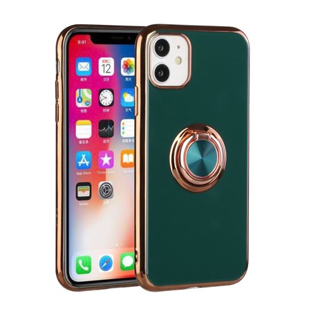 For Apple iPhone 13 (6.1") Hybrid Metal Finger Ring Stand Electroplated Edges TPU Frame Shock-Absorption Bumper Cover ,Xpm Phone Case [ Midnight Green ]
