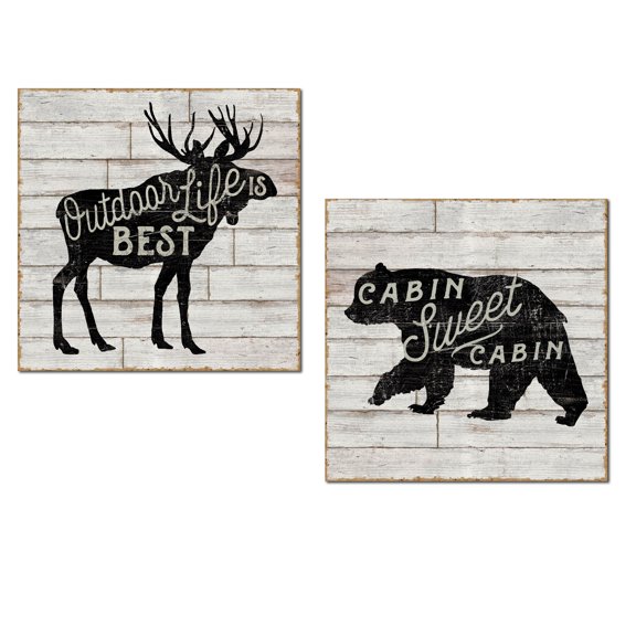 Rustic Forest Elk and Bear "Outdoor Life Is Best" and "Cabin Sweet Cabin" Set by Sue Schlabach; Cabin Lodge Decor; Two 12x12in Unframed Paper Posters (Printed on Paper, Not Wood)