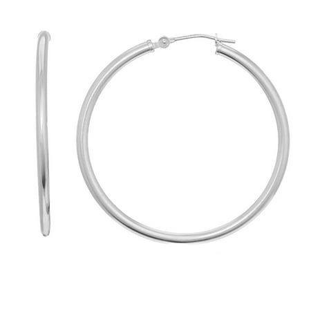 - 14K White Gold Tubular Hoop Large Round Earrings 2mm x x30mm